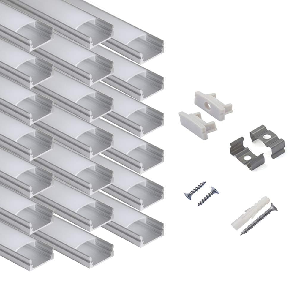 hunhun 20-Pack 6.6ft/ 2Meter U Shape LED Aluminum Channel System With milky Cover, End Caps and Mounting Clips, Aluminum Profile for LED Strip Light Installations, Very Easy Installation