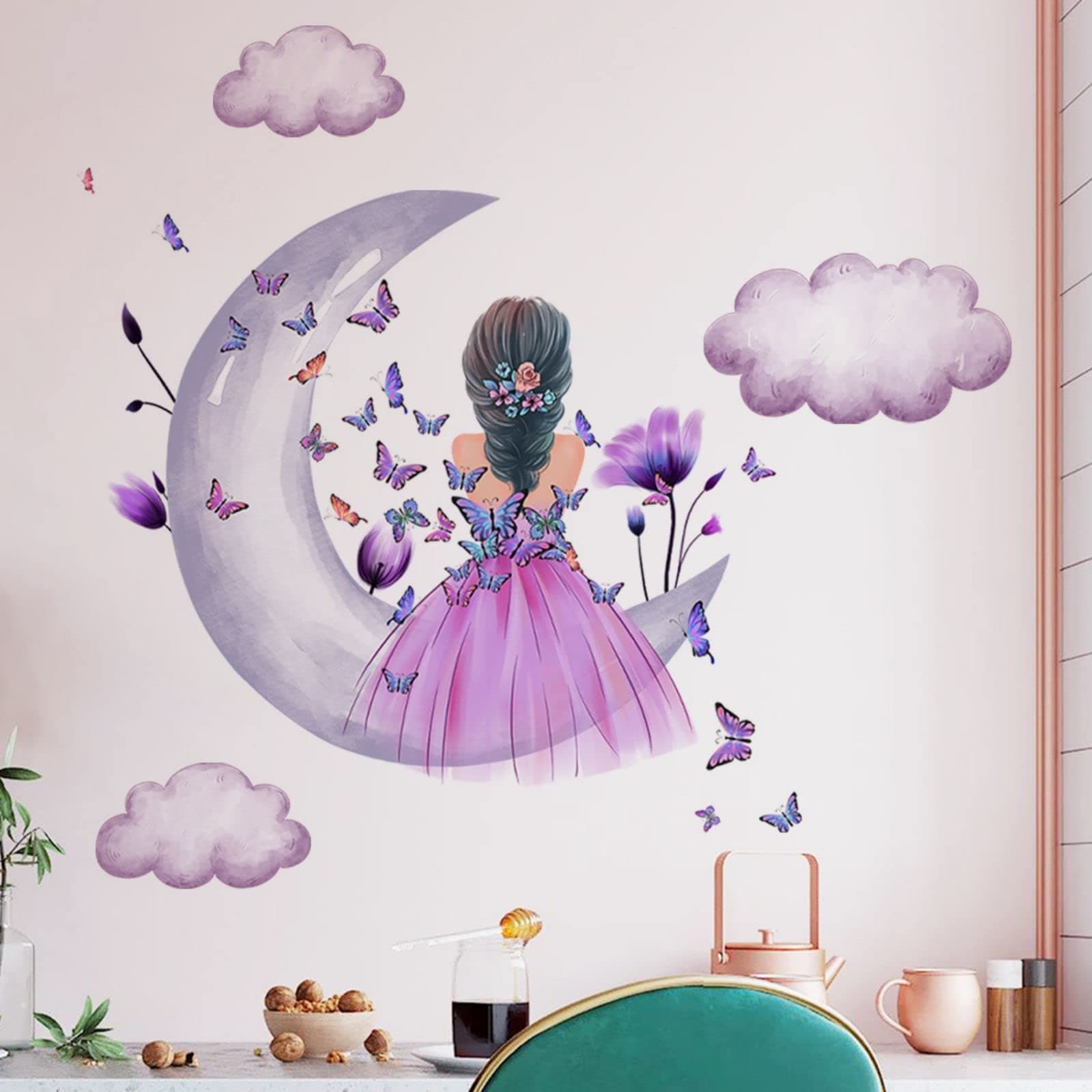 OOTSR Butterfly Girl Wall Stickers,Moon Clouds Flower Fairy Wall Decal,Pink Floral Wall Mural Colorful Butterflies Wall Decor, DIY Removable Vinyl Wall Art for Girls Baby Nursery Bedroom Playroom
