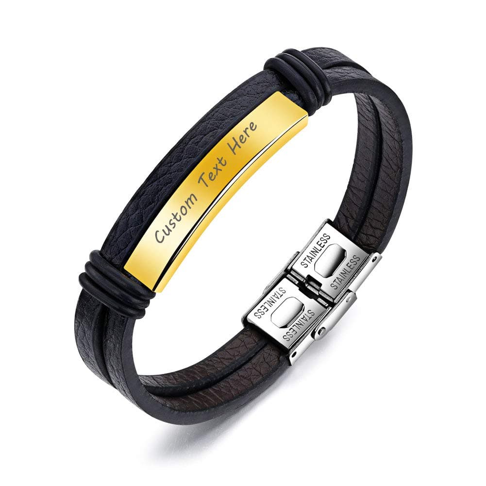 DEO JEWELRYFree Engraving Stainless Steel Nameplate Personalized Custom Name Coordinates ID Leather Bracelets for Men Women, 8.0"