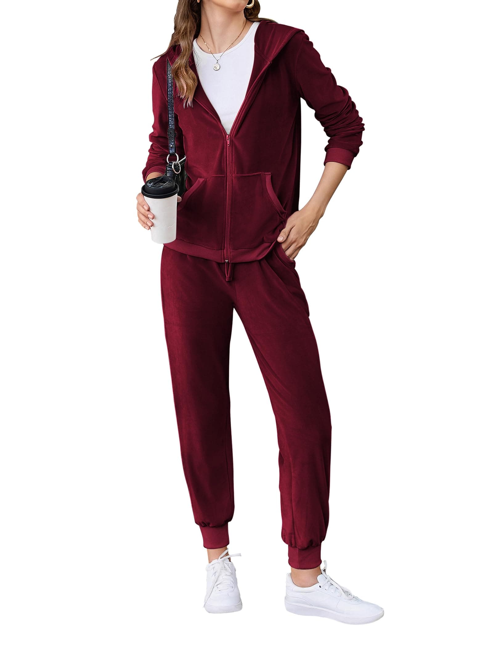 Womens Casual Velour Tracksuit Set Full Zipper Hoodie Workout Pants Velvet Sweatsuit Jogging Suits XS-XXL