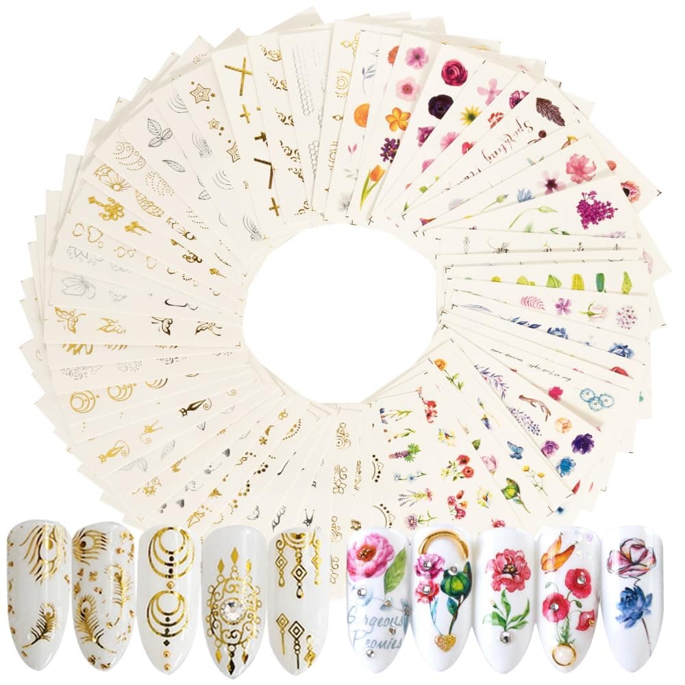 54 Sheets Water Transfers Nail Art Stickers Decals Self Adhesive for Women Girls Gel Nails Art Design - Colorful Flowers, Gold and Silver Butterfly Stars Feather Pattern Mixed
