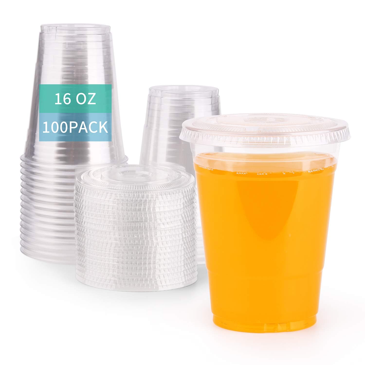 FULING[100 Sets - 16 oz.] Clear Plastic Cups with Slot Lid, BPA Free PET Crystal Clear Disposable 16oz Plastic Cups with Lids