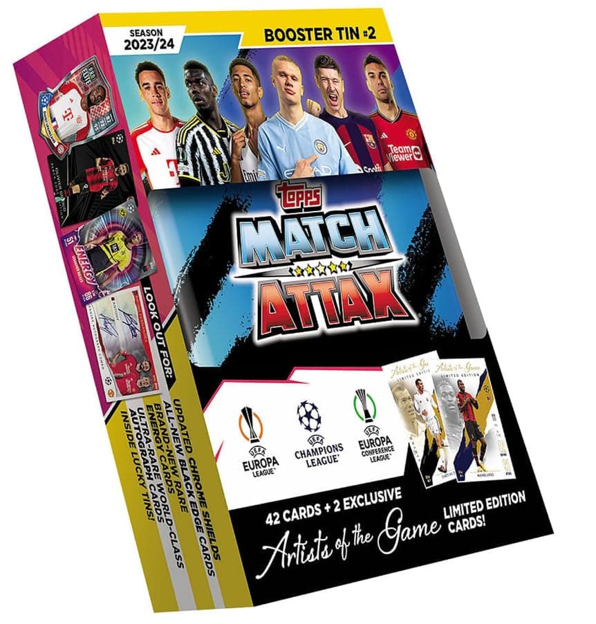 Soccer Trading Cards Topps Champions League Match Attax 2023/24 - Booster Tin 2 - Contains 42 Match Attax Cards Plus 2 Limited Edition Artists of The Game Cards - Booster Tin Champions League Cards