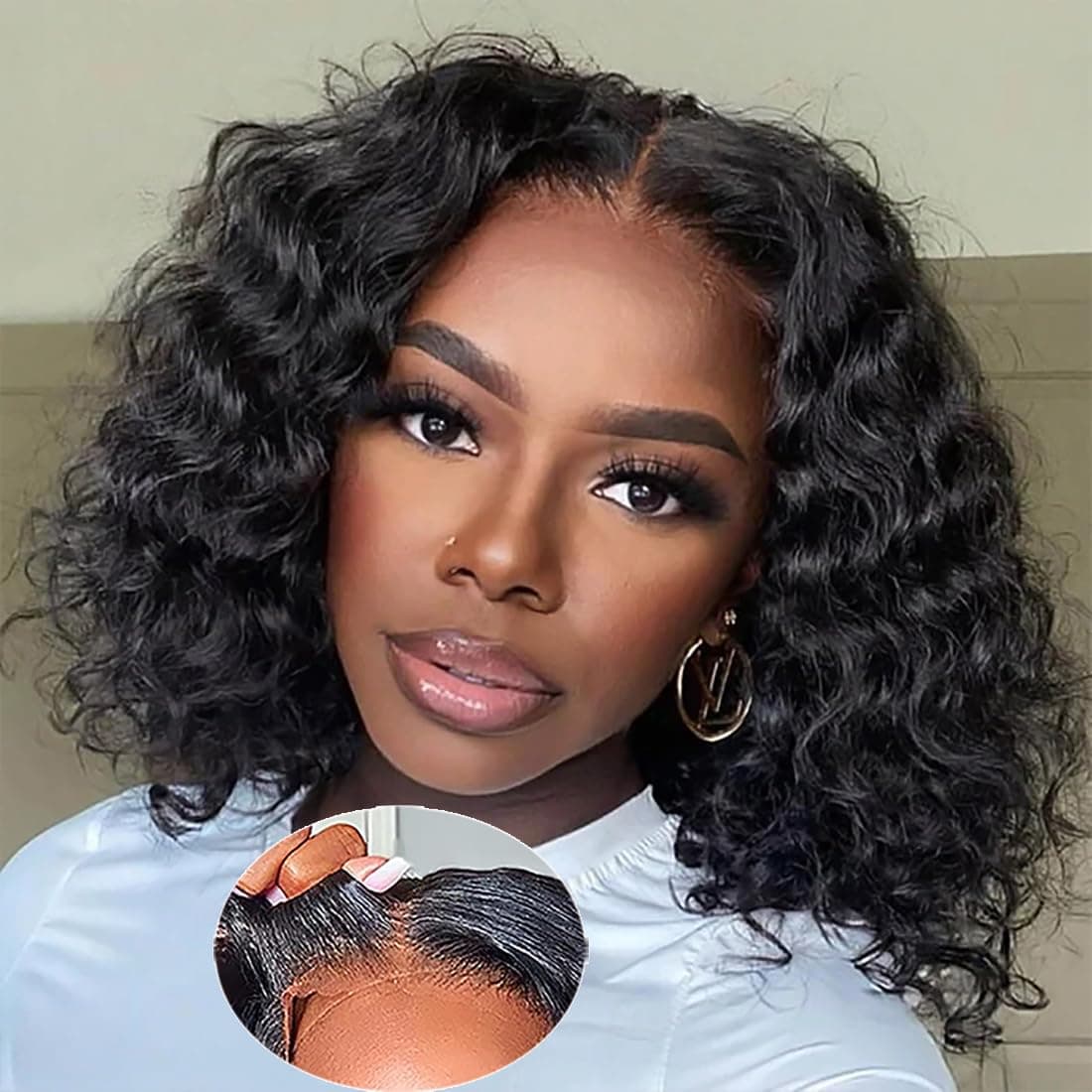 Wear and Go Glueless Wigs Human Hair Pre Plucked Pre Cut 180 Density Deep Wave Bob Wig Human Hair for Beginners Upgraded No Glue 4x4 Lace Closure Glueless Wigs for Black Women Human Hair 12 Inch