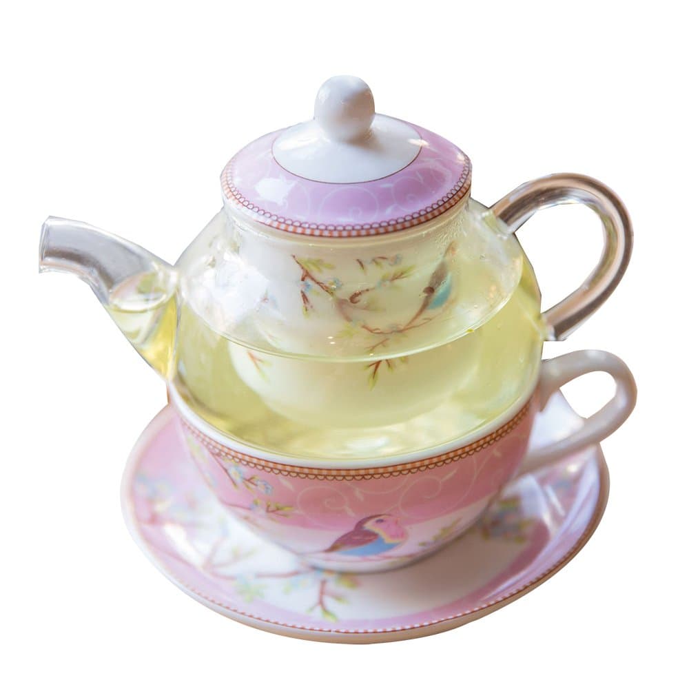 Rainie Love Glass Teapot with a Ceramic Infuser Strainer and 1 set of Porcelain Cup and Saucer,Teapot and Teacup for One(Pink/Blue)