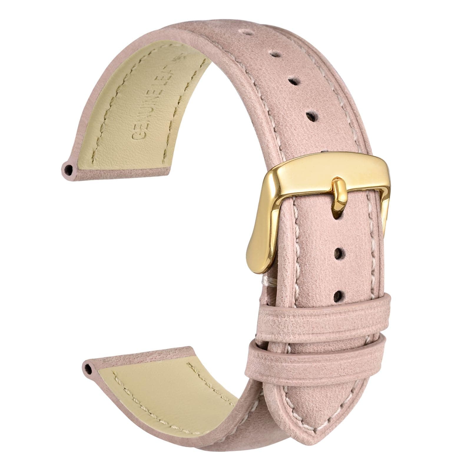 WOCCI 14mm Vintage Leather Watch Band for Men and Women, Gold Buckle (Pink)