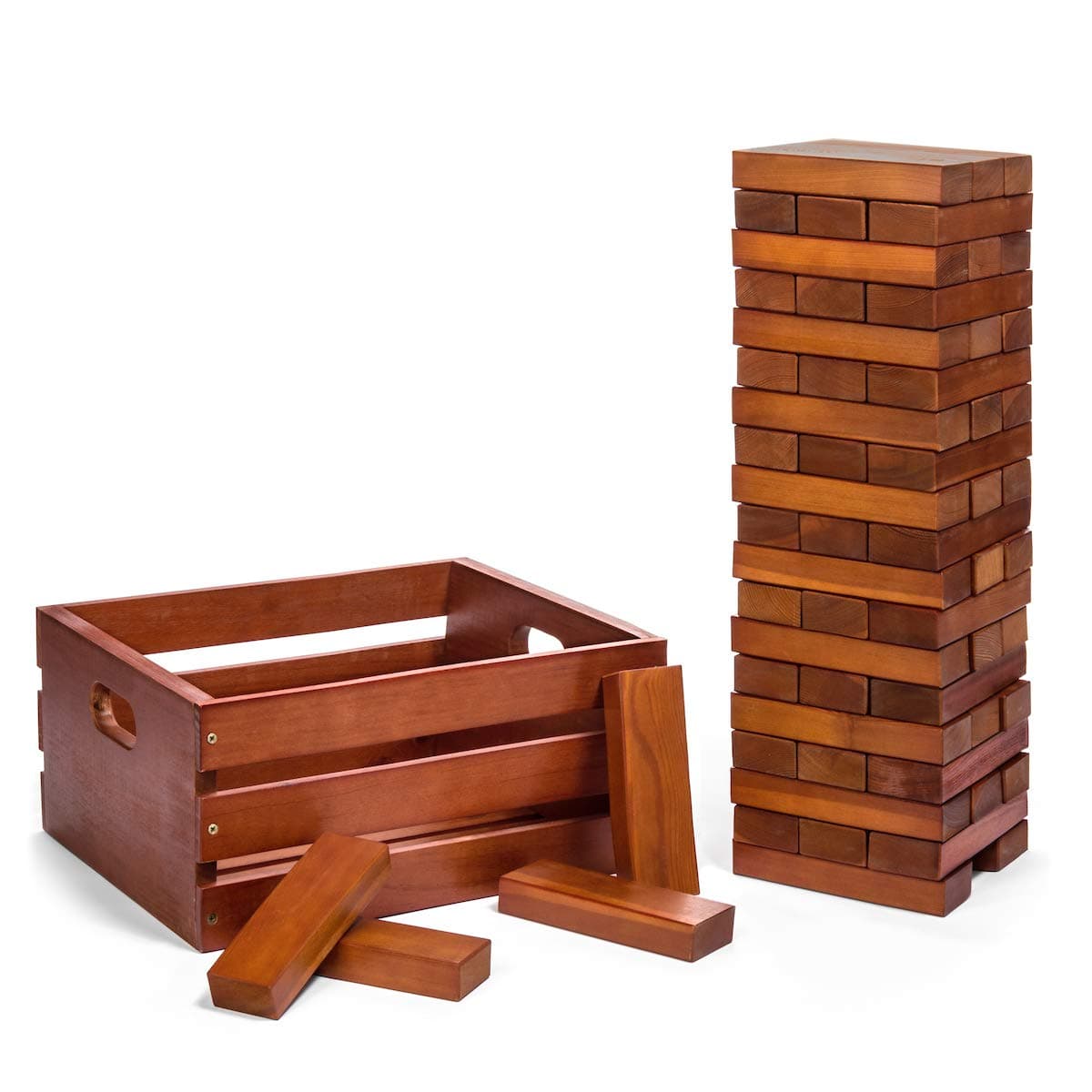 Tailgating Pros Giant Wooden Tumbling Timbers - Stained - 60 Block Tower Stacking Game - W/ Wooden Crate