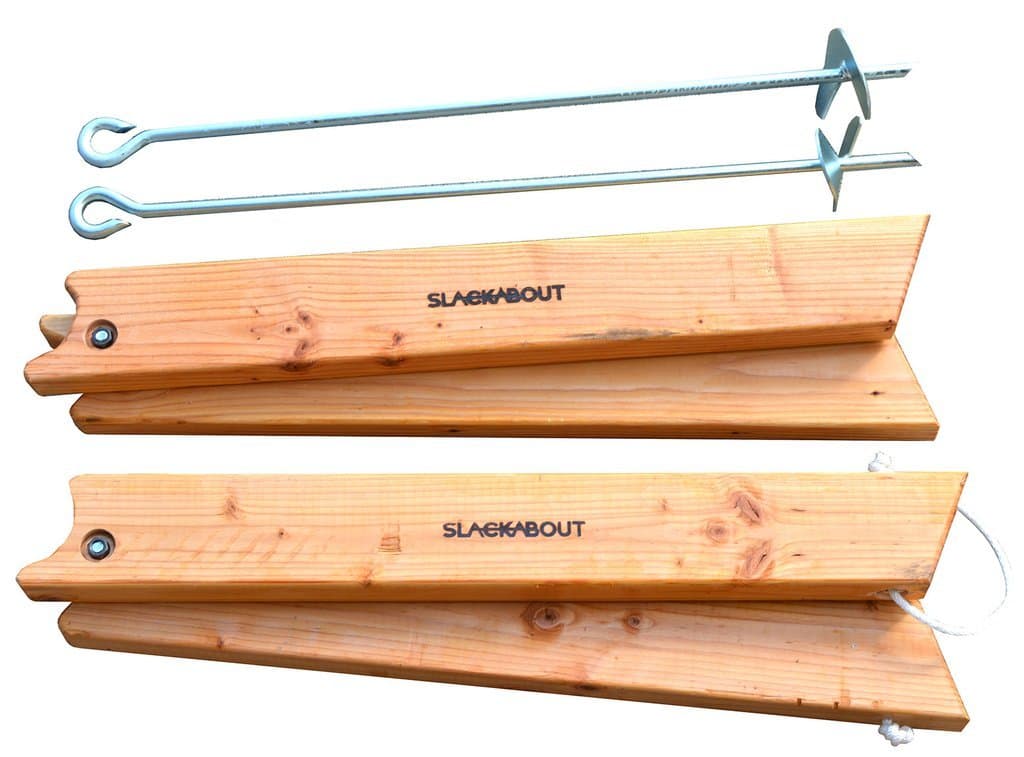 Portable Slackline Stands & Anchor Kit - SLACKABOUT - Easy Slackline Setup with No Trees - 2x A-Frame Stands (Solid Wood) + 2x Ground Augers - Made in USA - Perfect Height for Beginners