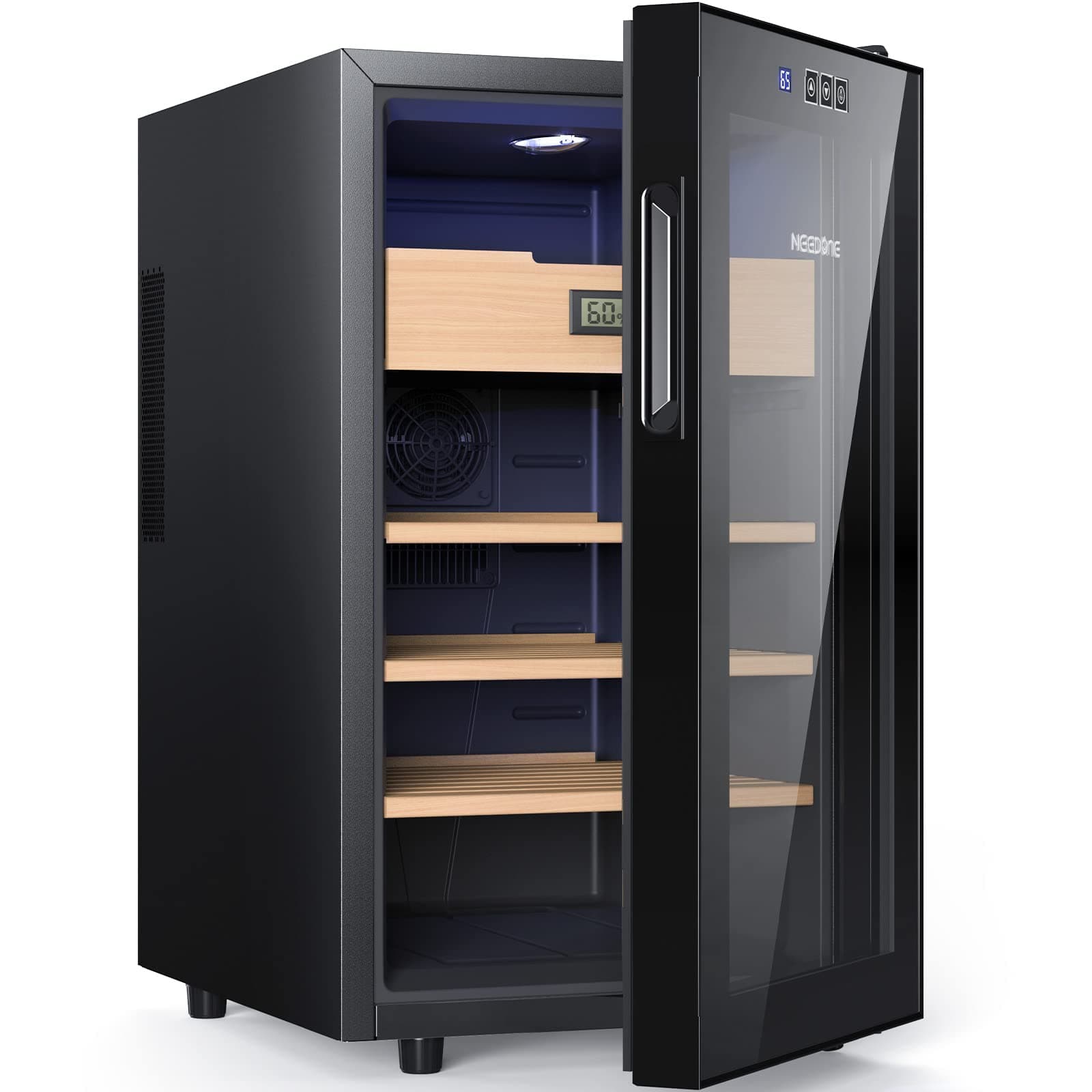 NEEDONE 350 Count Electric Cabinet, Made with Spanish Cedar Wood Shelves & Drawer with Hygrometer, Freestanding Refrigerator Quiet Operation, LED Lighting, 48 Liter, Gift for Men