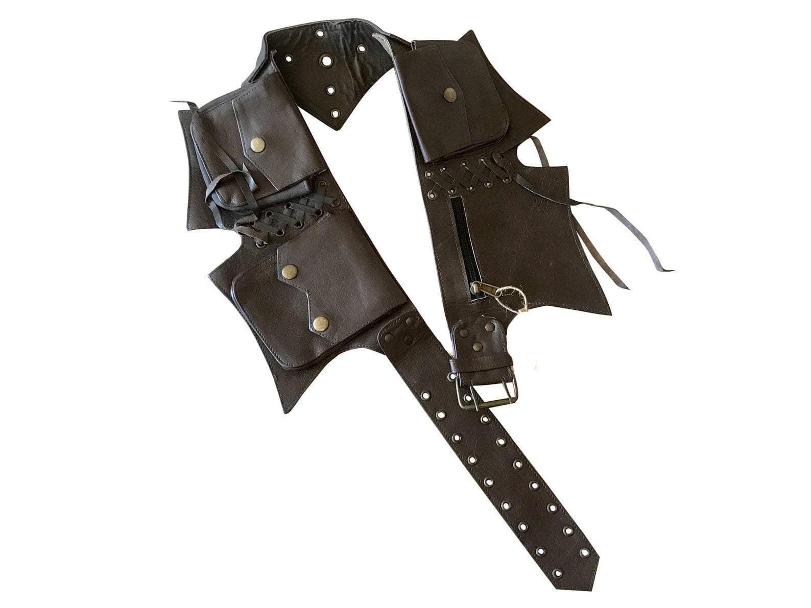 Genuine Leather Utility Belt | 5 pockets | travel, festival, cosplay, hip bag, fanny pack (Dark Brown)