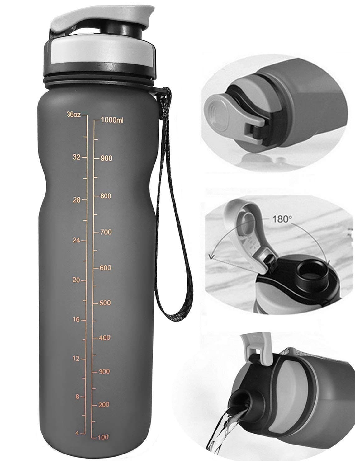 Sports Water Bottle, 35 Ounce with Strap Leak Proof BPA-free Eco-Friendly Tritan bottle, 1 Liter Large Capacity for Traveling/ Hiking/ Camping/ Outdoor/ Running/ Gym Flip Open Lid Bottle