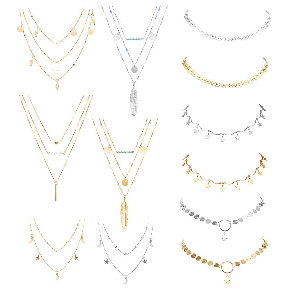 hefanny 12 Pcs Adjustable Boho Layered Choker Necklace Pendant Moon Star Turquoise Feather Olive Leaf Coin Multilayered Tiered Chain Necklaces for Women Girls Mother Jewelry Set