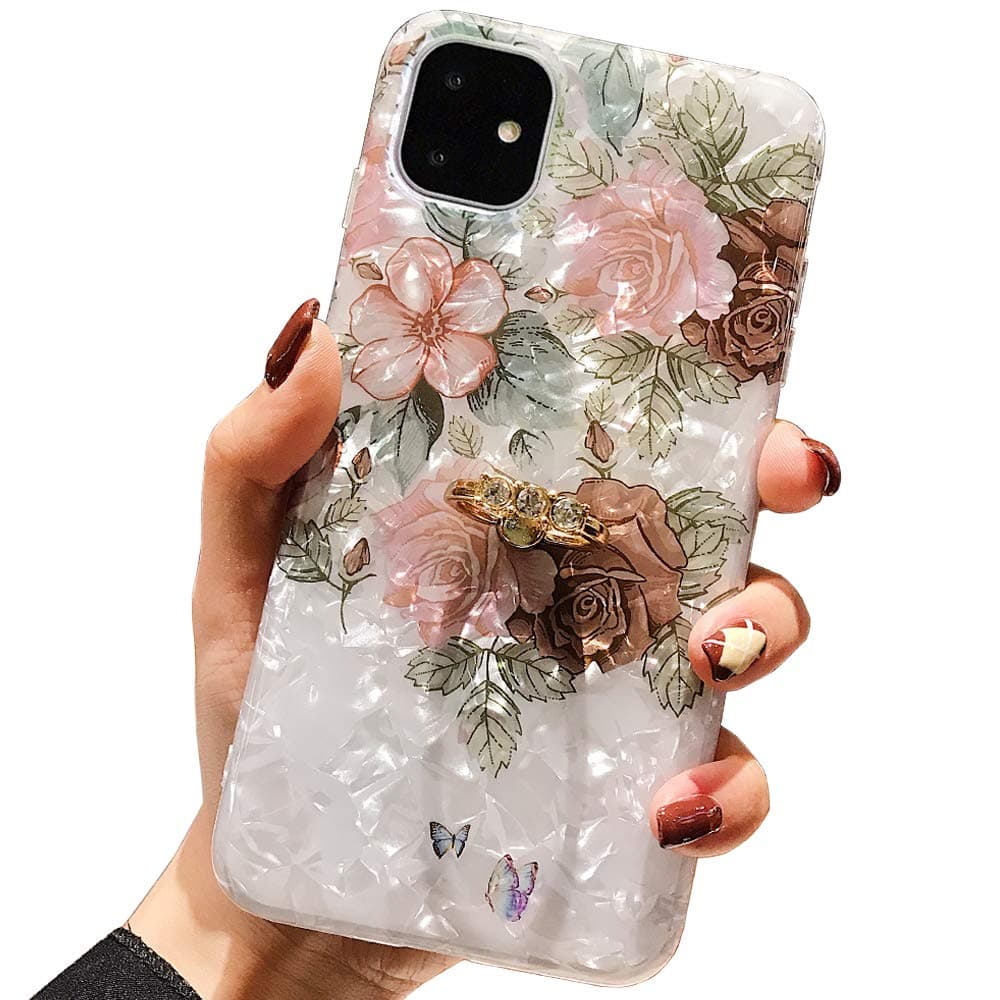 Qokey Compatible iPhone 11 Case 6.1 inch- Floral Clear Flower Design for Women with 360 Rotating Ring Stand Holder Kickstand - Soft TPU Shockproof Cover - Brown Flower