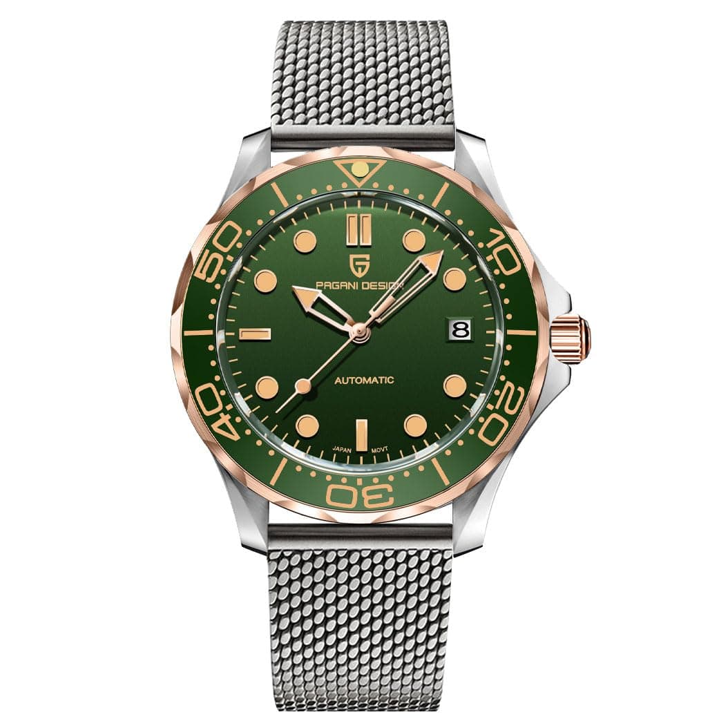 Pagani Design 007-Model Automatic Diving Watches for Men NH35 Movement, Stainless Steel Materials, Rotating Ceramic Bezel, Sapphire Domed Mirror, 100M Waterproof Mechancial Self Winding Wrist Watch