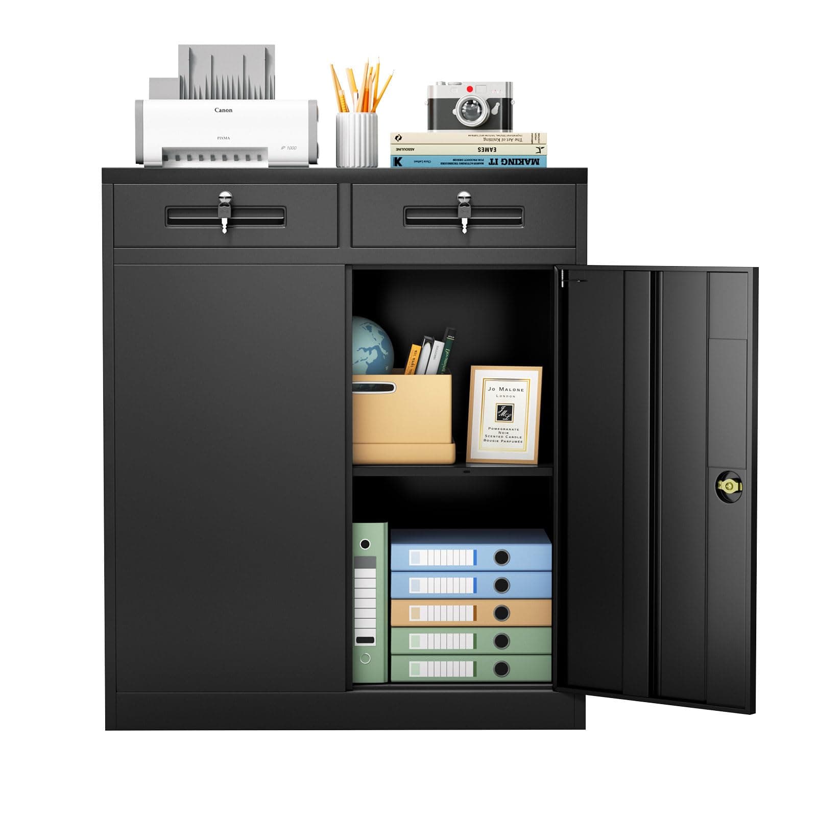 Superday 42" Locking Garage Storage Cabinet with 2 Drawers, Lockable Metal Storage Cabinet with Locking Doors and Adjustable Shelves, Black Tool Cabinet for Home Office, School