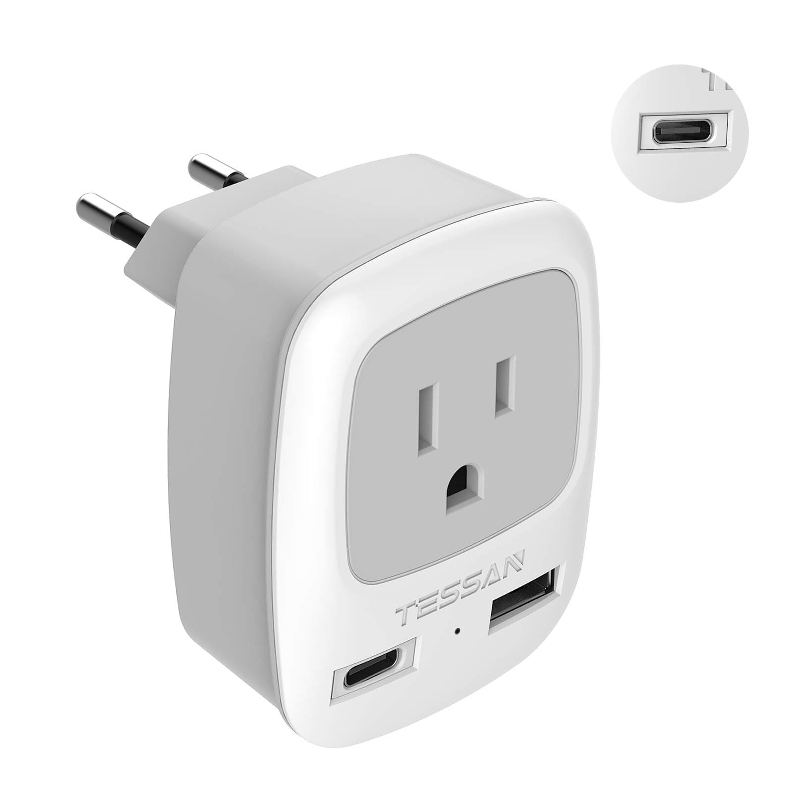 European Power Plug Adapter, TESSAN International Type C Travel Plug with 1 USB-C Port and 1 USB A Port, Outlet Adaptor for US to Most of Europe EU Italy Spain Iceland France Germany