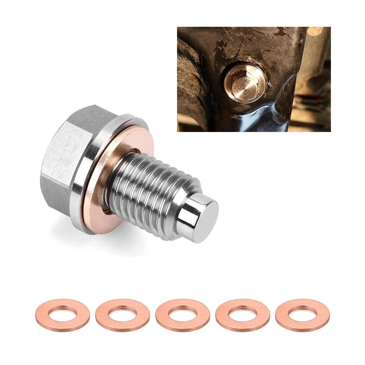 M14×1.5 Magnetic Oil Drain Plug, Aluminum Sump Drain Nut Bolt with 5 Copper Crush Washer, Universal Leak-proof Replacement Car Accessories for Most Vehicles
