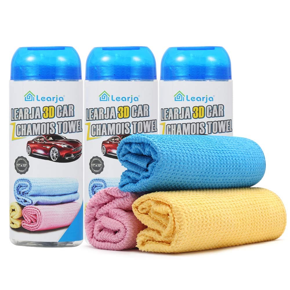 3 Pack Car Wash Chamois Towel【Upgraded version】Premium Synthetic Shammy Towel【Come with storage tube】 Learja Faster Drying No Lint No Streak (Blue, 17 x 13 inches, 3 available colors for you choose.)