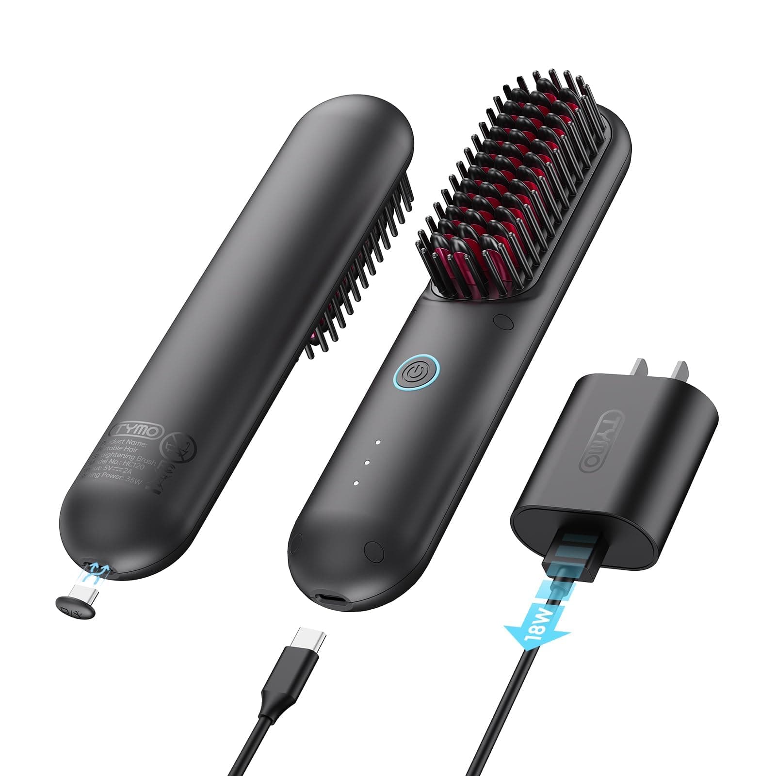 Porta Cordless Hair Straightener Brush, Portable Mini Straightening Brush for Travel, Negative Ion Hot Comb Hair Straightener for Women, Lightweight to Carry Out, USB Rechargeable, Black