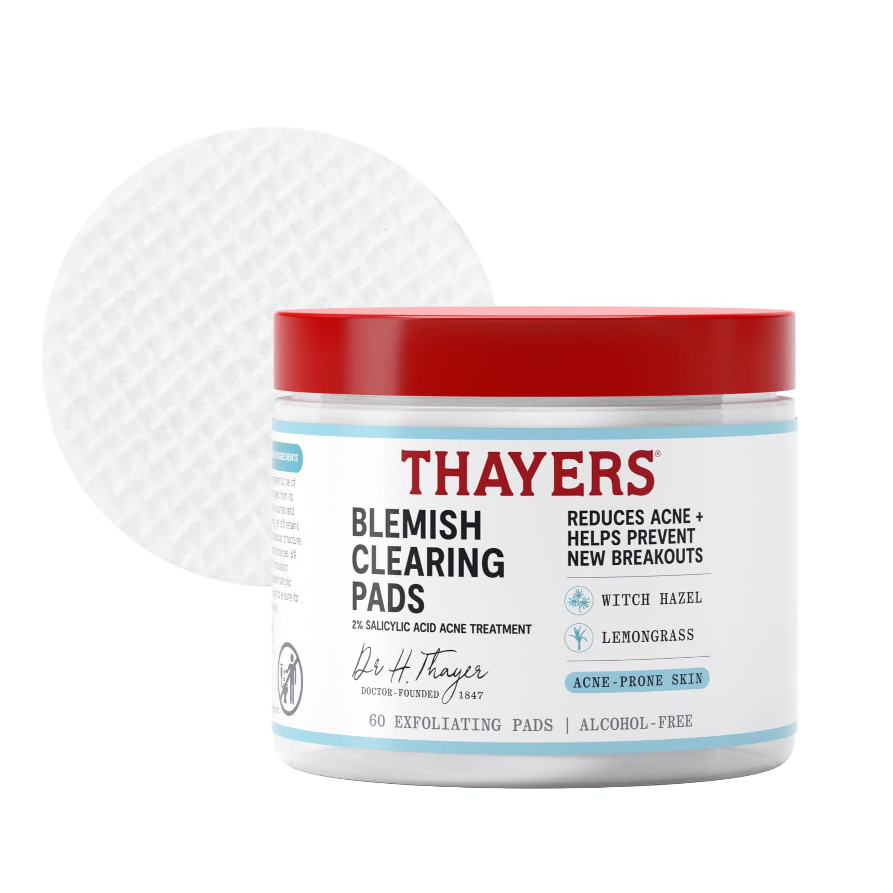 Thayers Blemish Clearing Acne Pads, Salicylic Acid Acne Treatment for Face, Pore Reducing, Exfoliating, and Soothing Skincare, Witch Hazel Toner Pads, 60 Ct