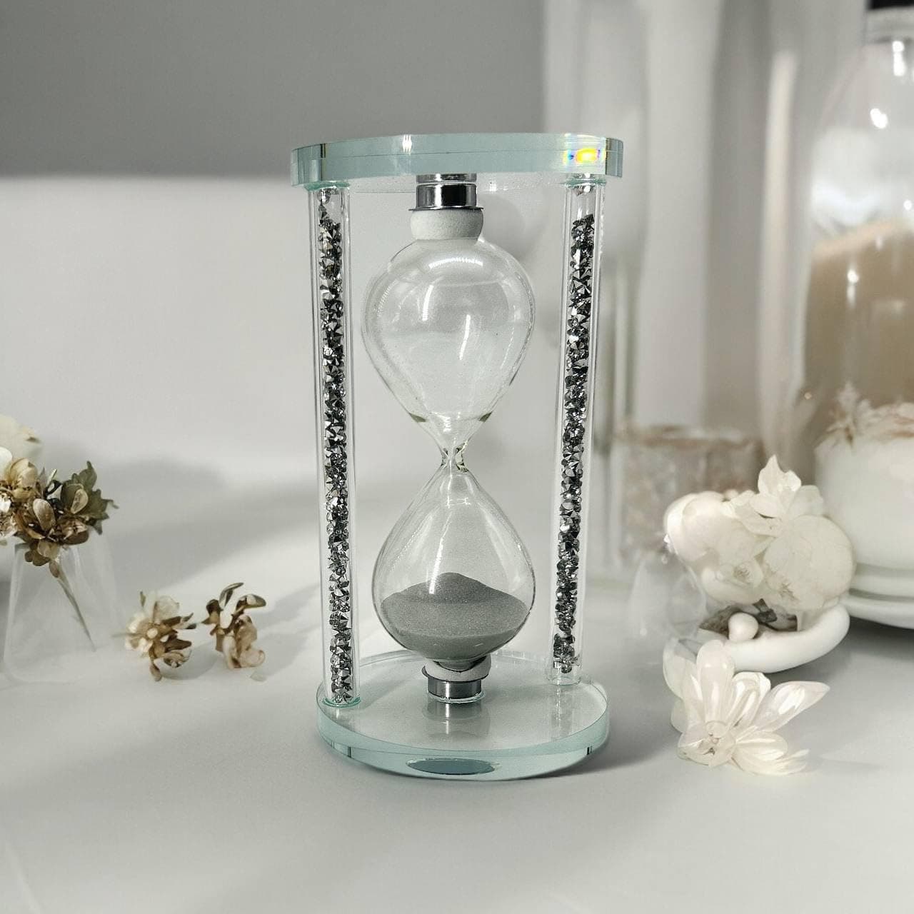 SQUICKLE Vintage Music Snow Glob with Hourglass Timer || Retro Crystal Ball Hourglass Timer || LED Musical Glob Decor for Home, Living Room, Desktop, Bookshelf (Glass Timer)