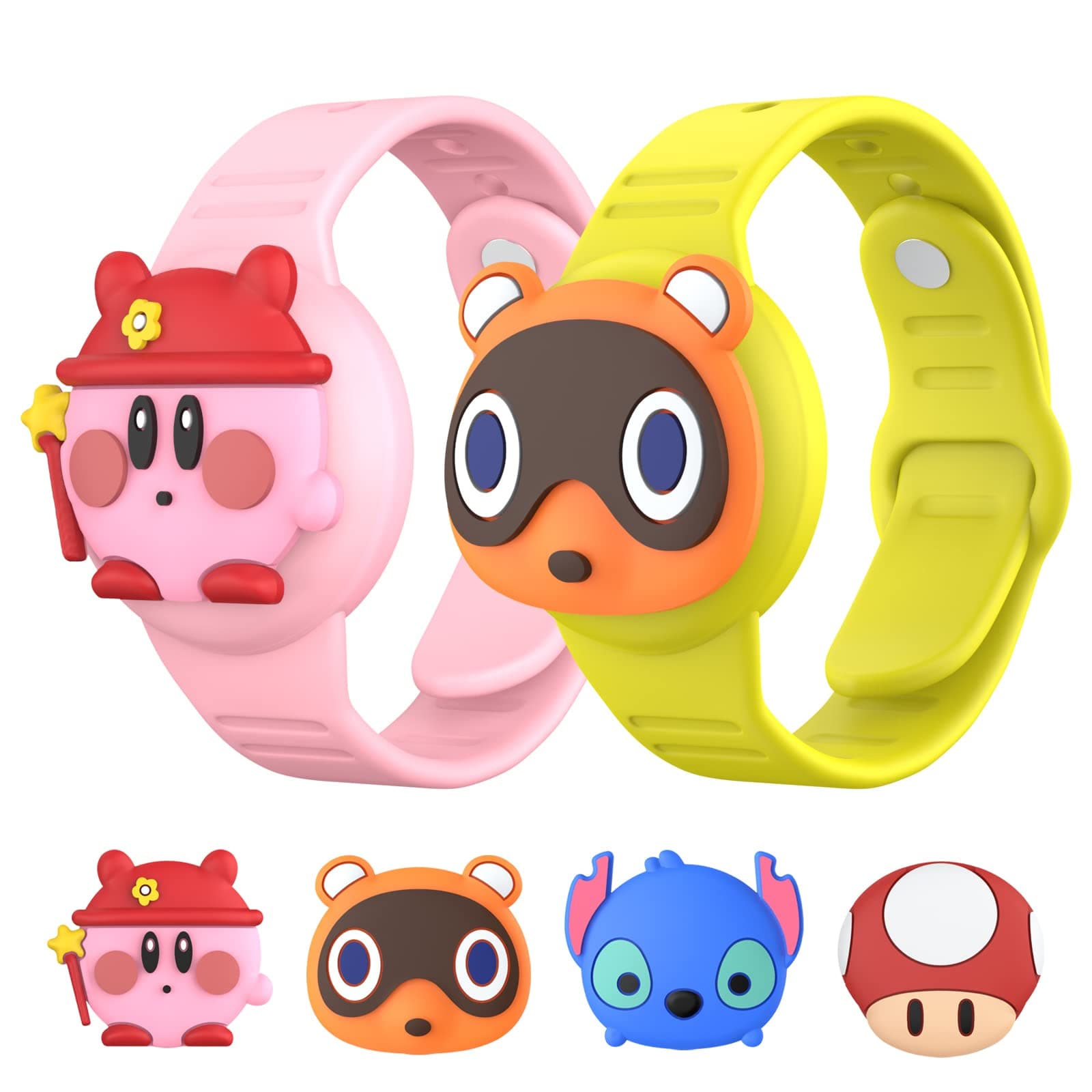 WOFRO [2Pack] Airtag Holder for Kids, Cute Cartoon Air Tag Holder Adjustable Apple AirTag Case Soft Silicone Air Tag Protective Case for Toddler Child Teen(Pink+Yellow)