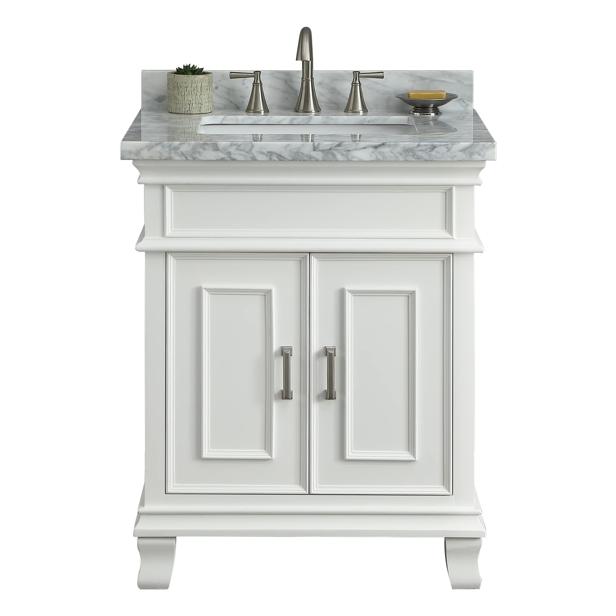 28" Middleton Vanity | Bathroom Vanity with Sink, Carrara Marble Countertop & Solid Wood Frame | Fully Assembled Bathroom Vanities | Pre-drilled for Faucets with 8” Spacing | White