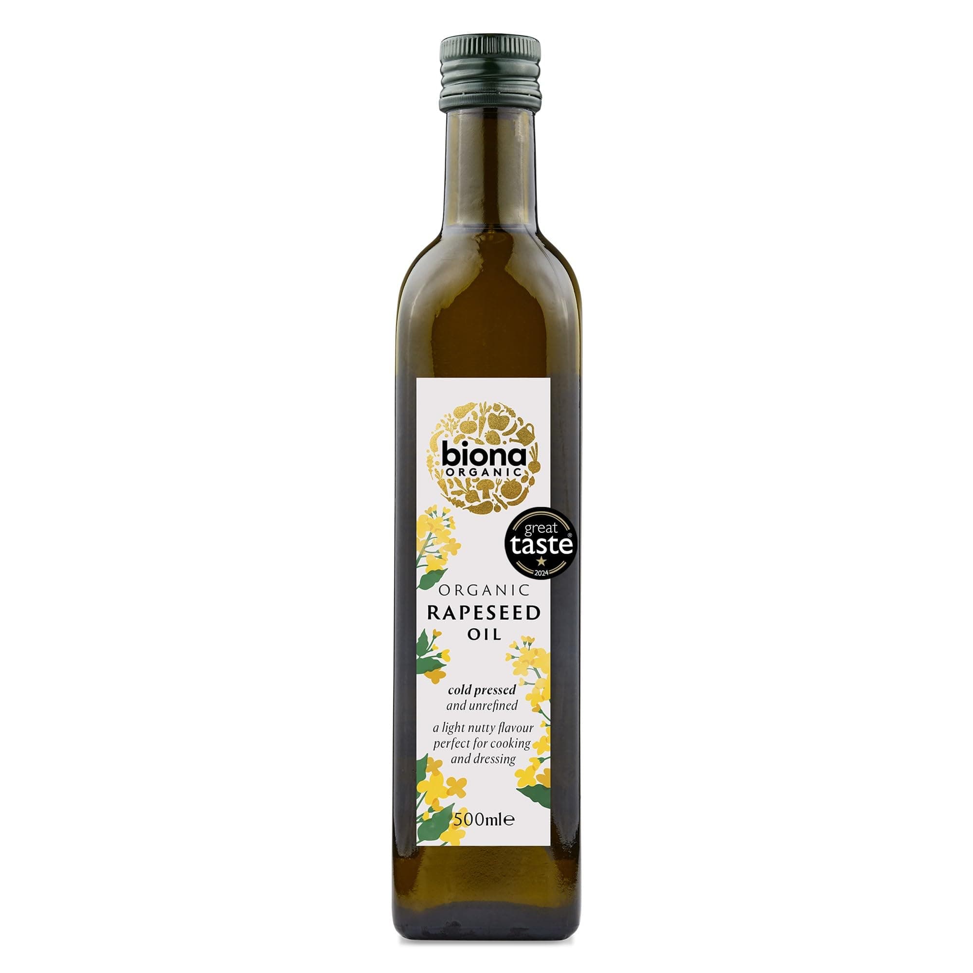 Biona Organic Cold Pressed Rapeseed Oil 500ml - Great Taste Award 2024 Winner - Unrefined, Light Nutty Flavour - Low in Saturated Fat - Ideal for Cooking, Roasting & Salad Dressings - Vegan