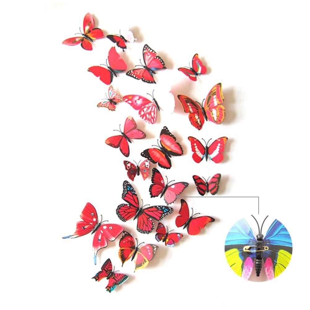 3D Butterfly Wall Sticker Crafts Butterflies with Magnetic、Sponge Gum and Pin Pack of 12 (Red-Pin)