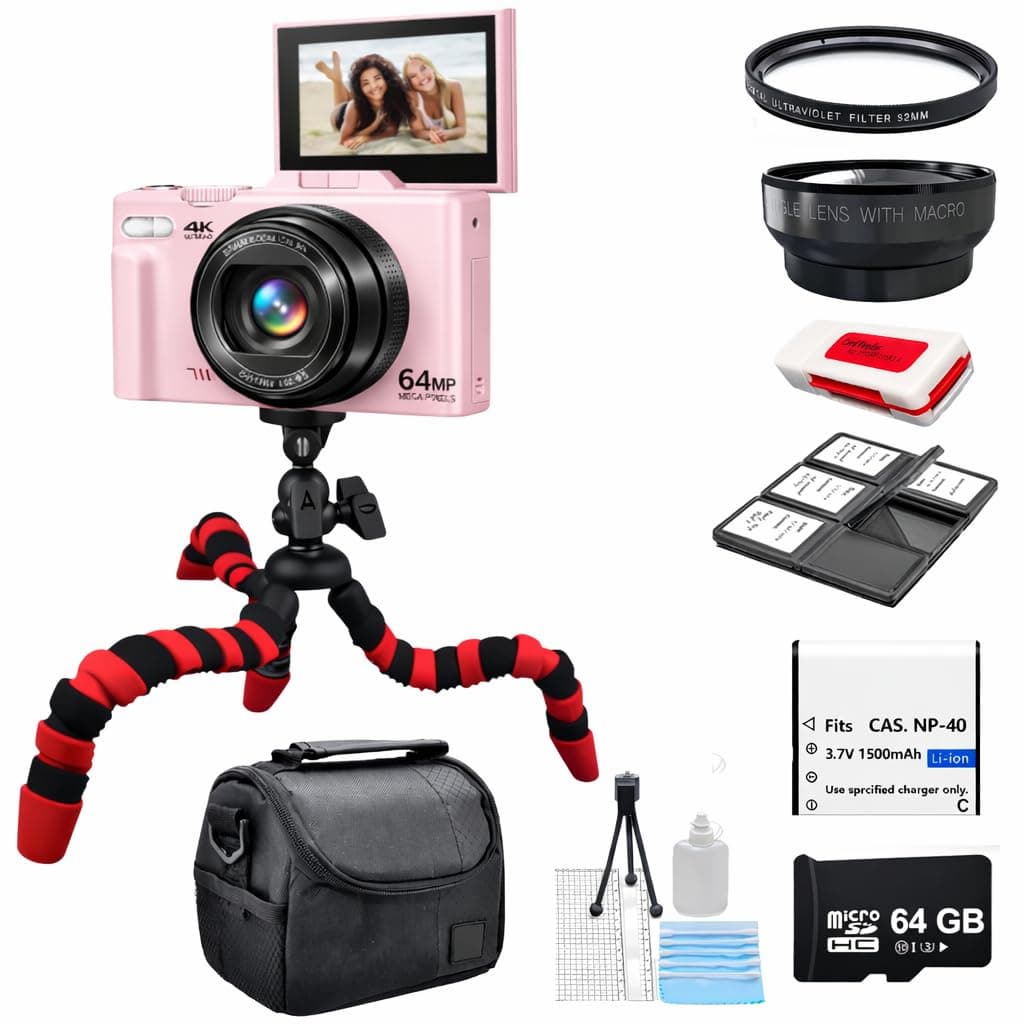 Acuvar 4K 56MP Digital Camera Kit for Photography, Vlogging Camera for YouTube with Flip Screen, WiFi, Wide Angle & Macro Lens, 64GB Micro SD Card, 12" Flexible Tripod, Carrying Case, Card Reader