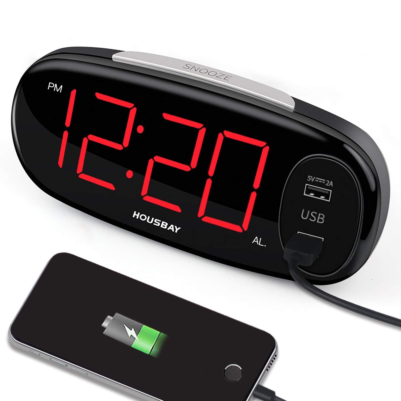HOUSBAY Digital Alarm Clock with Dual USB Charger, No Frills Simple Settings, Easy Snooze, 6.5" Big LED Alarm Clocks for Bedrooms with Dimmer, Outlets Powered