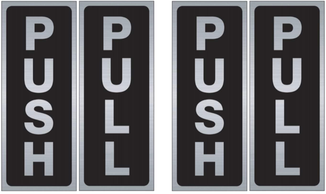 2 Sets of Vertical Push & Pull "Premium Quality" Decal Stickers (2 Push + 2 Pull) - Black UV Ink Screen Printed on Brushed Chrome Polyester with The Adhesive on The Back Side - 2" Wide x 5" Tall