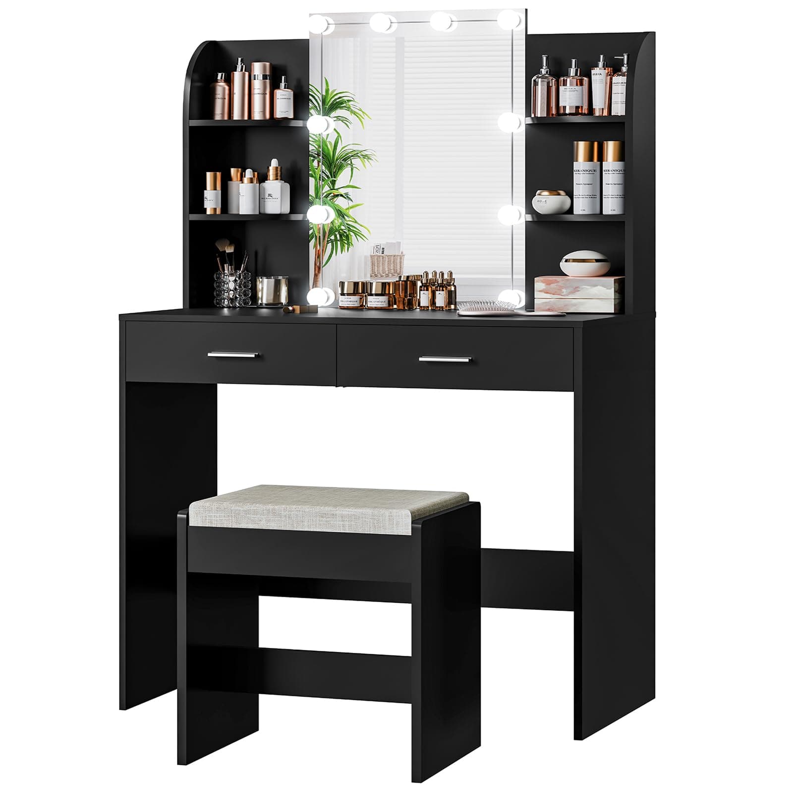 usikey Vanity Desk with Mirror & Lights, Makeup Vanity Table with 2 Large Drawers, 6 Storage Shelves & Stool, Bedroom Dressing Vanity Table with 3 Color Light Adjustable, Black
