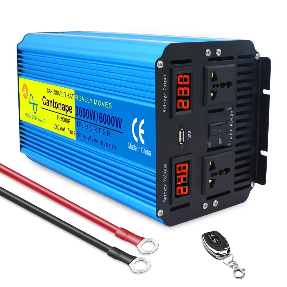 Cantonape Pure Sine Wave Power Inverter 3000W/6000W Peak Converter DC 24V to 230V 240V AC with LED Display dual Universal sockets & wireless remote controller for RV Truck Car Boat