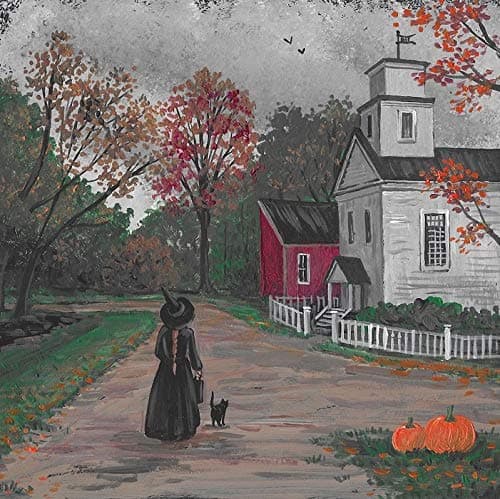 8X8 PRINT OF ORIGINAL PAINTING RYTA HALLOWEEN WITCH BLACK CAT SALEM SLEEPY HOLLOW LANDSCAPE TOWN AUTUMN SEASONAL DESIGN DECOR DECORATION HOME HOUSE INTERIOR FINE WALL ART