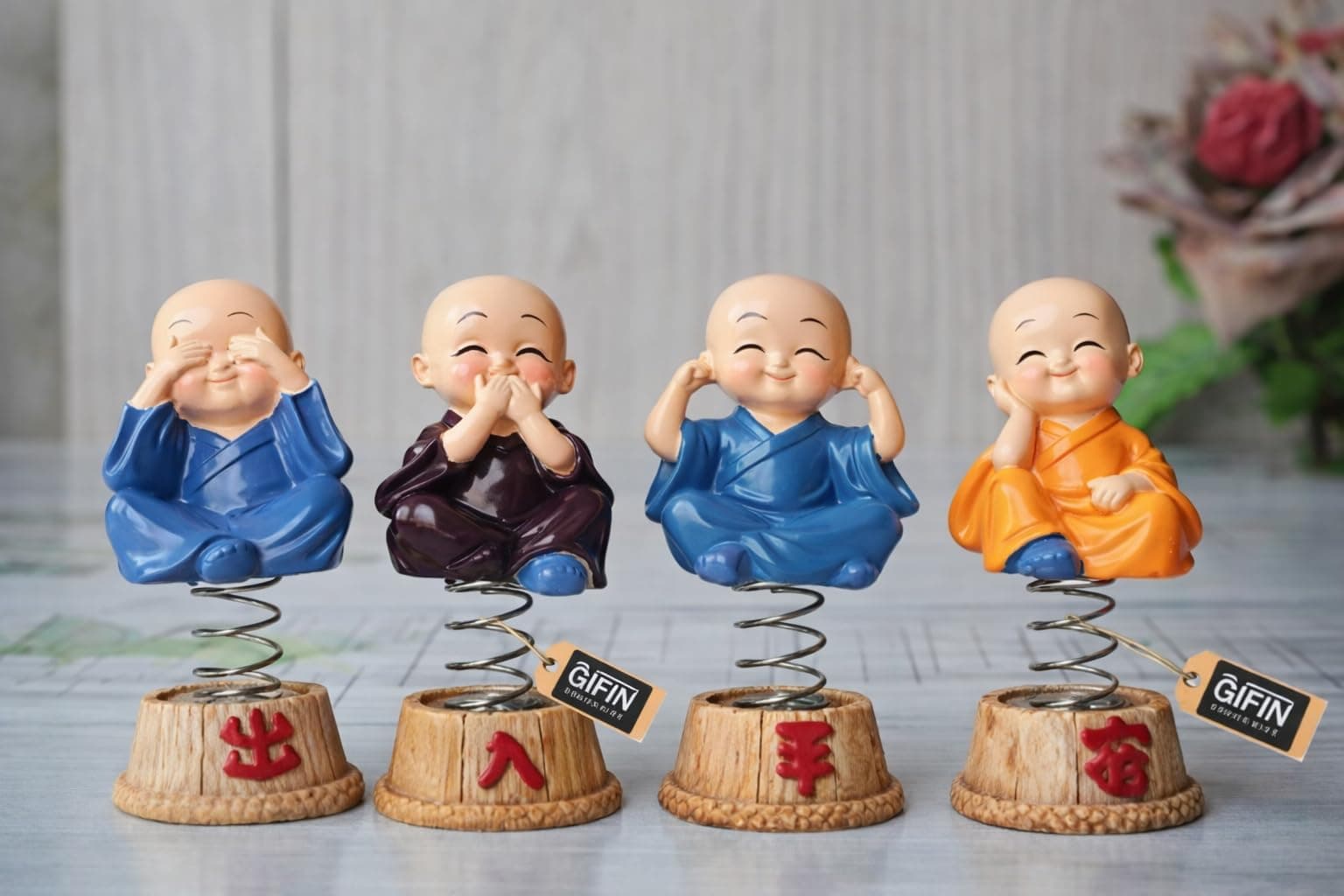Bobblehead Monk Spring Figurine Set of 4 | Decorative Mini Monk Idols with Moving Head | Car Dashboard Accessory | Home and Office Interior Decoration Showpiece | Multicolor