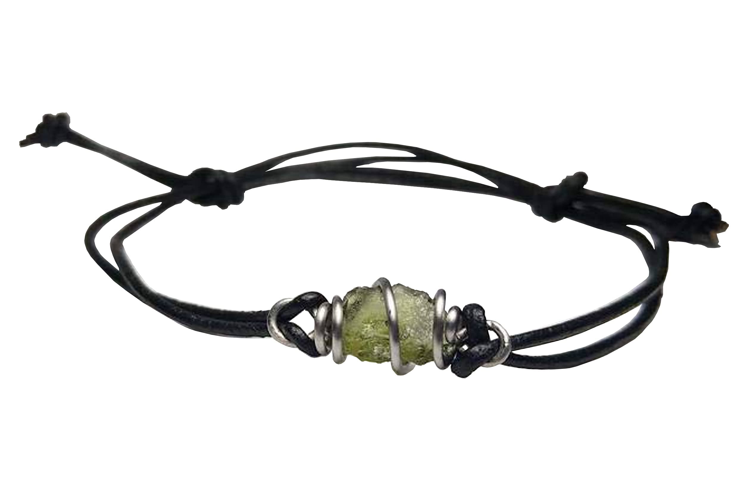 Real Raw Moldavite Piece Wire Wrapped Cage Bracelet- Copper-Bronze-Stainless Steel-Silver-14K Gold-14K Rose Gold-titanium on a Leather or Waxed Cord Adjustable Friendship Bracelet- Mens Womens -