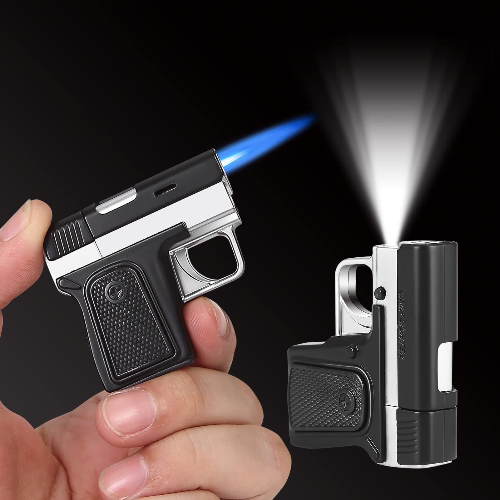 SOMGEM Torch Lighter Butane Refillable, Mini Cool Lighters with LED Flashlight, Windproof Jet Flame Pipe Lighter for Keychain Everyday Carry, Novelty Gift for Men (Gas not Included)