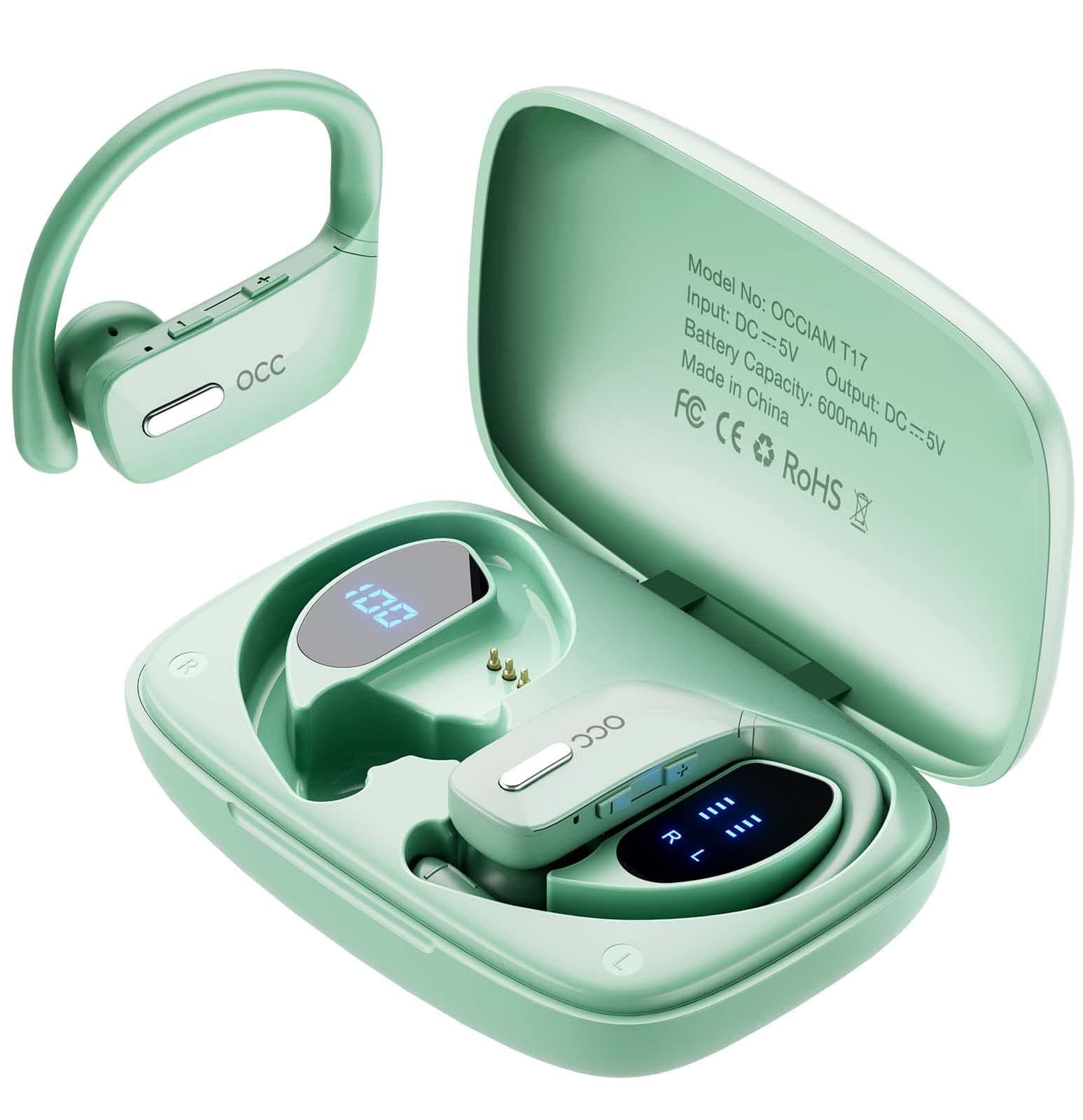 Wireless Earbuds Bluetooth Headphones 48H Play Back Earphones in Ear Waterproof with Microphone LED Display for Sports Running Workout Green