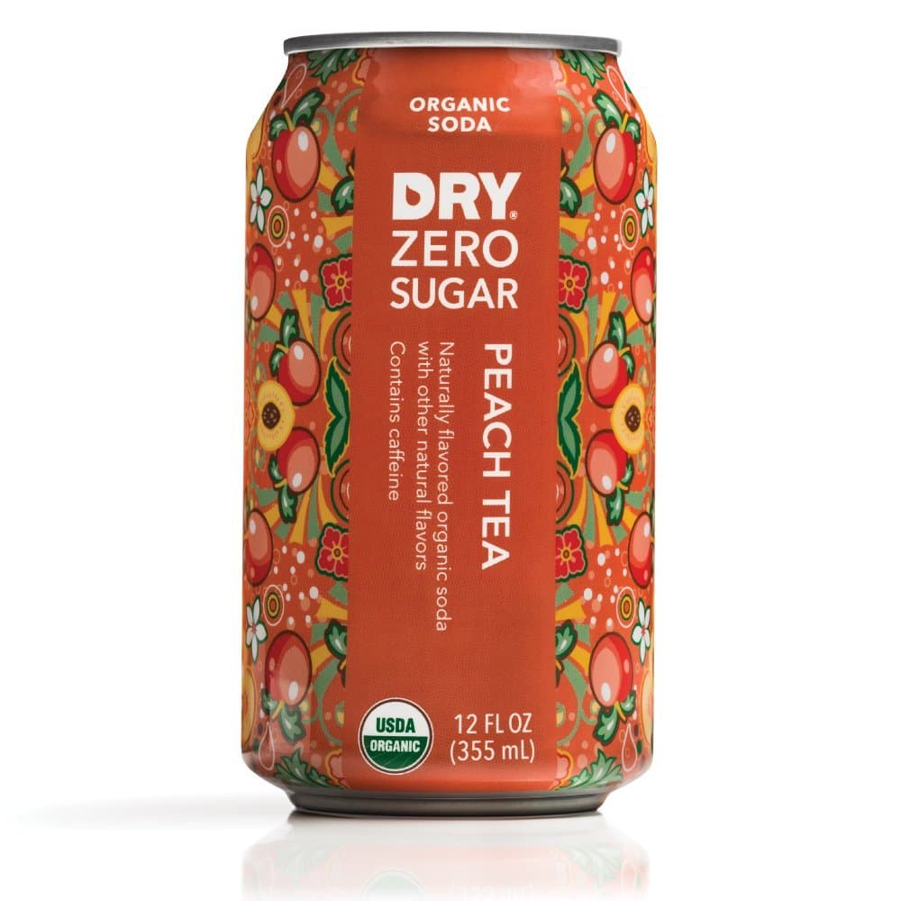 DRY Zero Sugar Peach Tea Soda - 12 fl. oz cans, 18 Ct - New USDA Organic Zero Sugar Sodas, Keto-Friendly, Sugarfree, Sodium-Free, Caffeinated