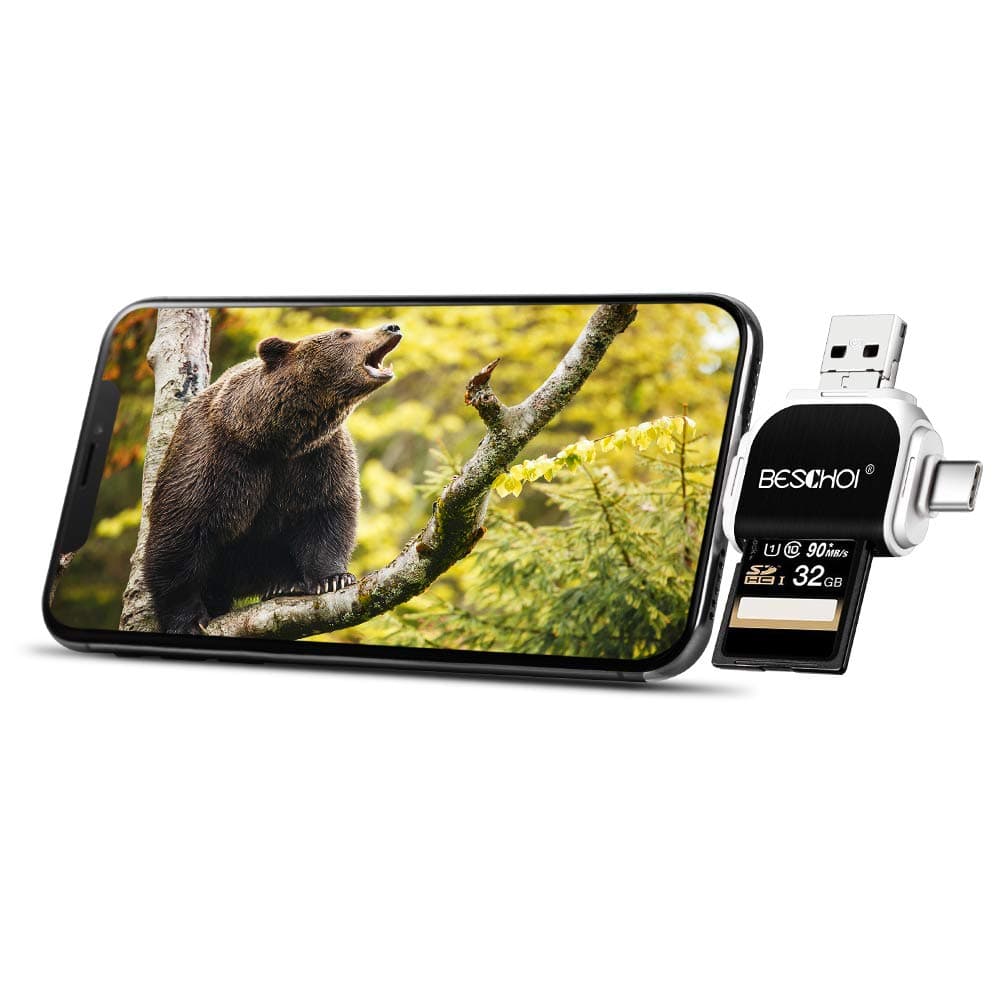 Beschoi SD/Micro SD Memory Card Reader Adapter, Trail Camera Card Reader with lighting, USB, Mini USB, Type C Interfaces, Compatible with iPhone/iPad,Android Phone with OTC, Apple MacBook, PC