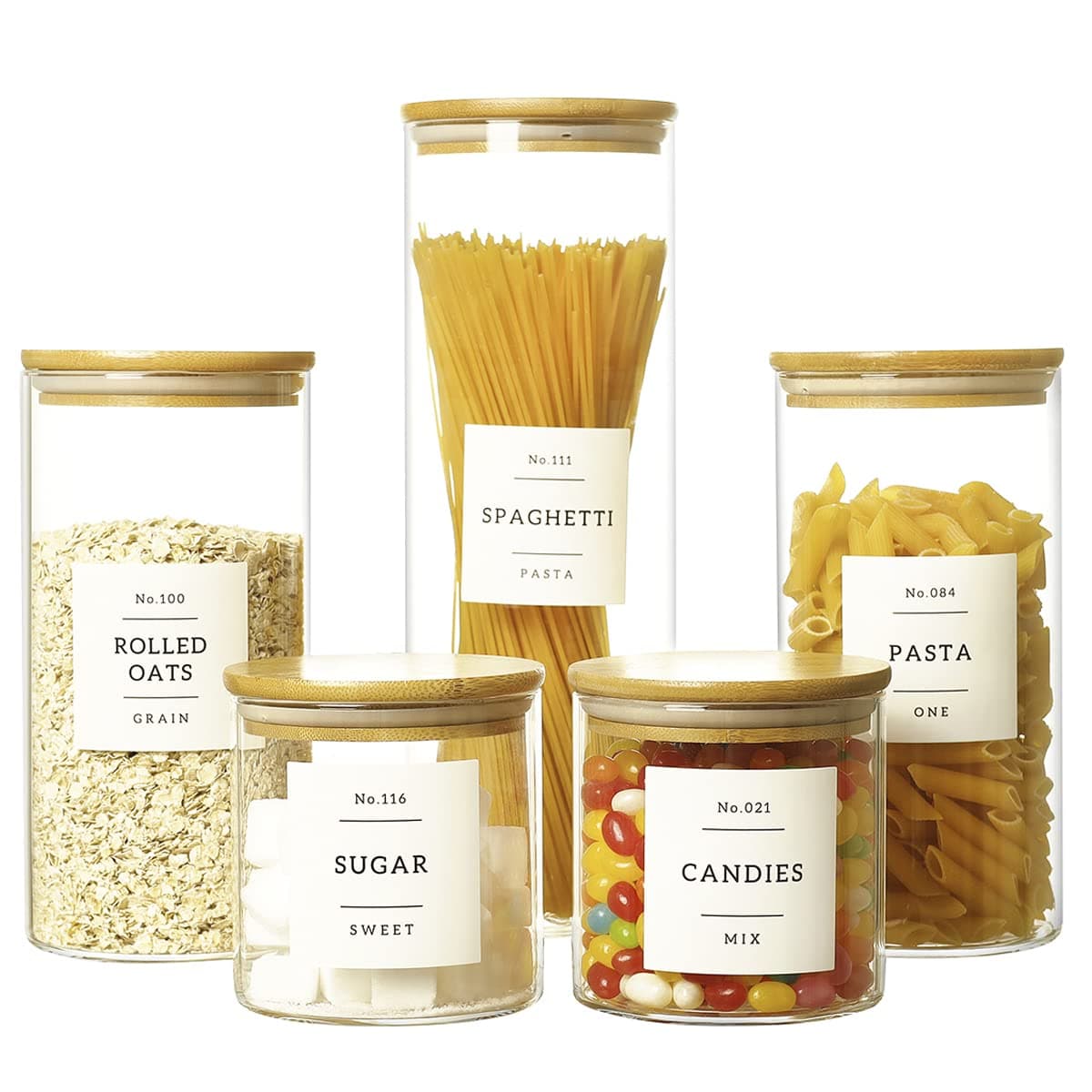 5 Pcs Glass Food Storage Containers With 132 Pantry Labels Preprinted - Thicken(3mm) Glass Jars with Airtight Bamboo Lids - Stackable Kitchen Canisters Set For Candy, Cookie, Rice, Sugar, Flour