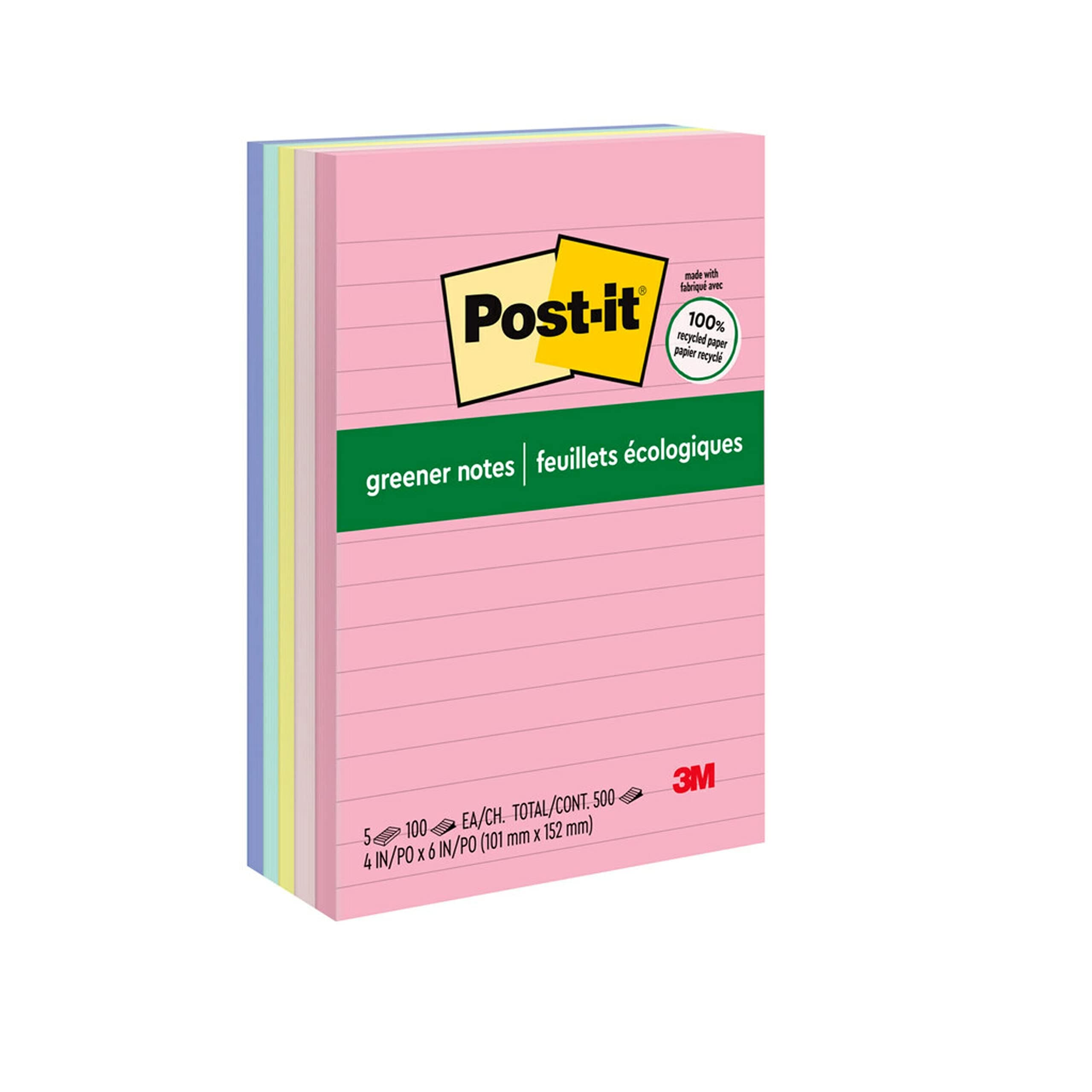 Greener Notes, 4x6 in, 5 Pads, America's #1 Favorite Sticky Notes, Sweet Sprinkles Collection, Pastel Colors, Clean Removal, 100% Recycled Material (660-RP-A)