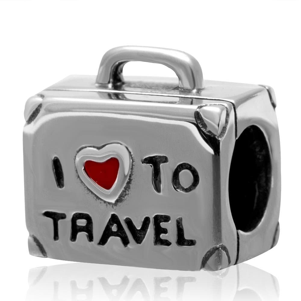 JORLLA I Love to Travel Authentic 925 Sterling Silver Travel Suitcase Charm with Red Enamel Heart Bead for European Charms Bracelet