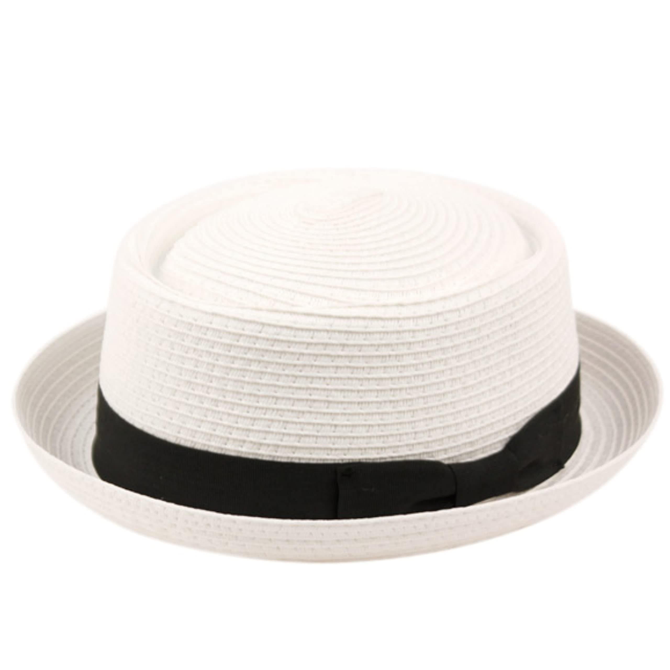 Men's Fancy Summer Straw Pork Pie Derby Fedora Upturn Brim Hat (Small-Medium, F1857WHITE)