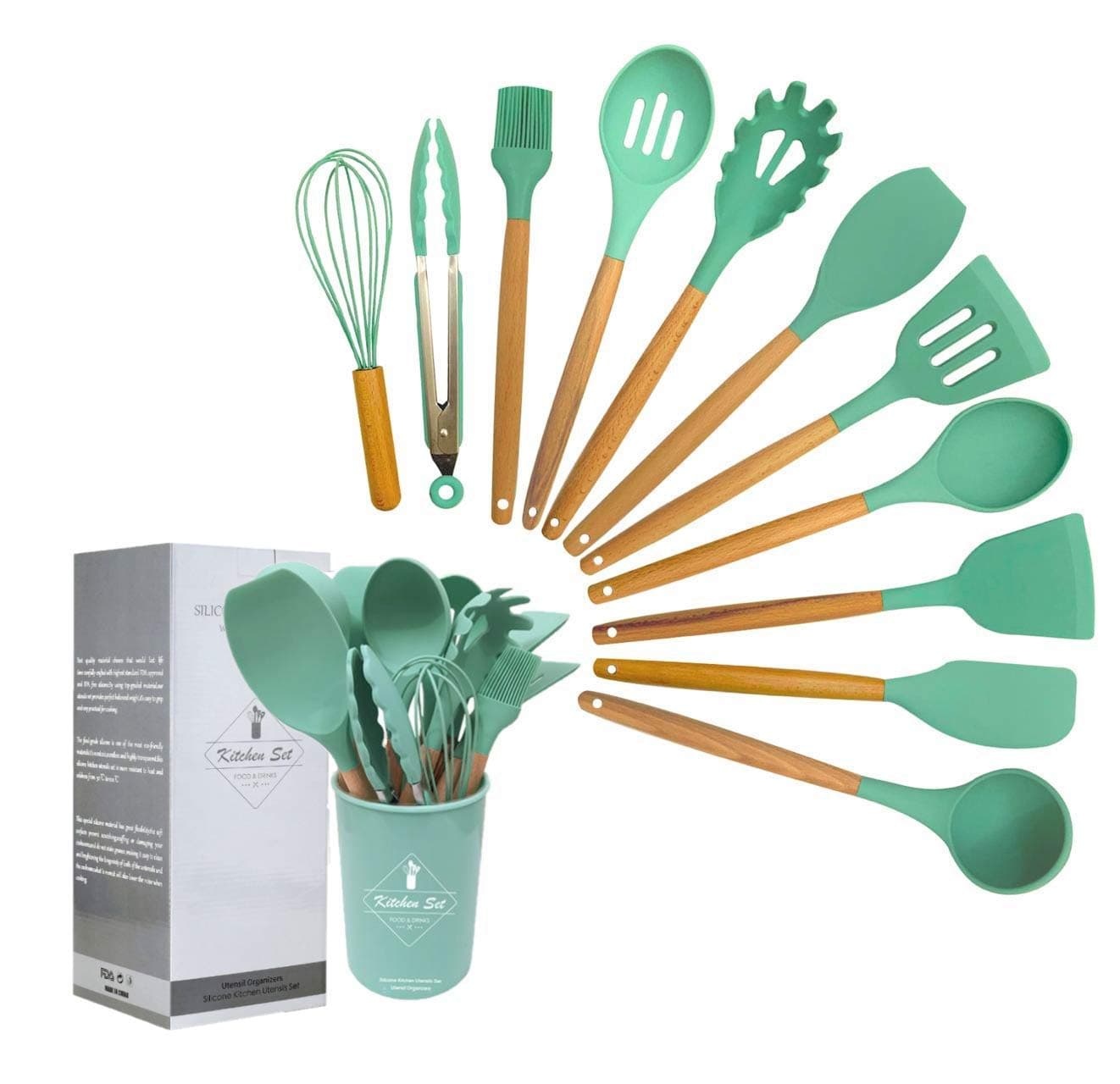 Silicone Utensils Set 12 Pcs, Silicone Spatula Wood Handle, Kitchen Tool Set, Kitchen Tools Cooking Utensils Sets, Food Grade and Non Toxic Turner