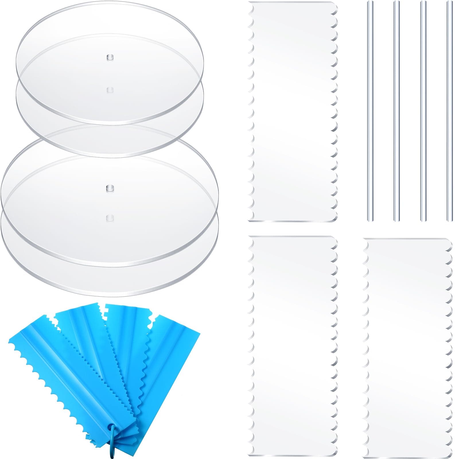 15 Pieces Acrylic Cake Discs Scrapers Set Cake Turntable for Decorating with 4 Acrylic Plates 7 Icing Scrapers and 4 Dowel Rods for Icing Cakes Serving Baking Art Craft Project (6.5 inch and 8.5 inch)