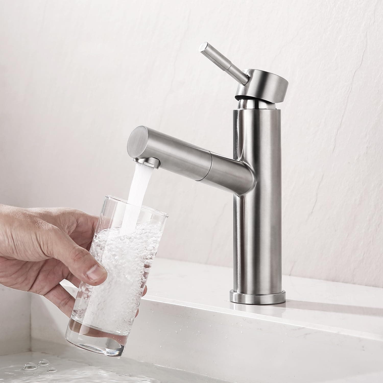 Single-Hole Bathroom Faucet with Pull Out Sprayer Brushed Nickel Faucet for Bathroom Sink Lavatory Pull Down Vessel Sink Faucet with Rotating Spout RV Bathroom Faucet with Water Supply Hoses