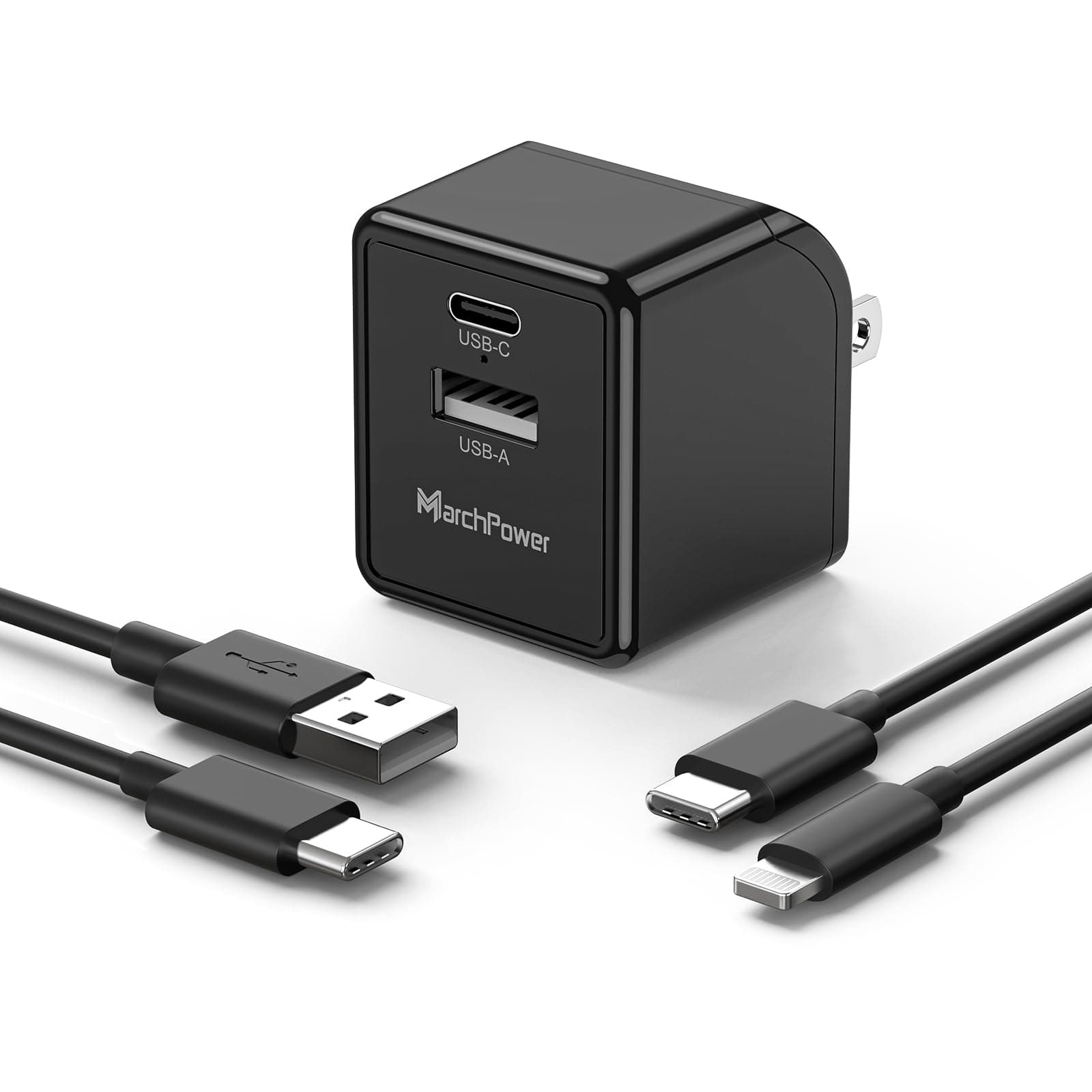 Marchpower iPhone iPad Fast Charger MFi Certified, Foldable Dual Port Wall Charger with 2-Pack 6ft USB A to C and C to Lightning Cable Quick Charging Block for iPhone 15/14/13, iPad, Samsung - Black