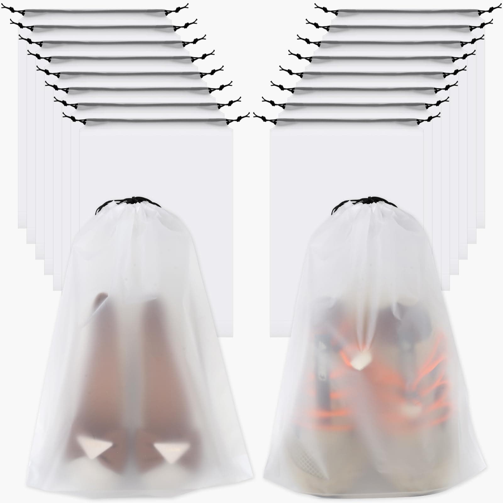 18 Pack Translucent Shoe Bags for Travel, 15.7in x 11.8in, Polyethylene, Drawstring Closure